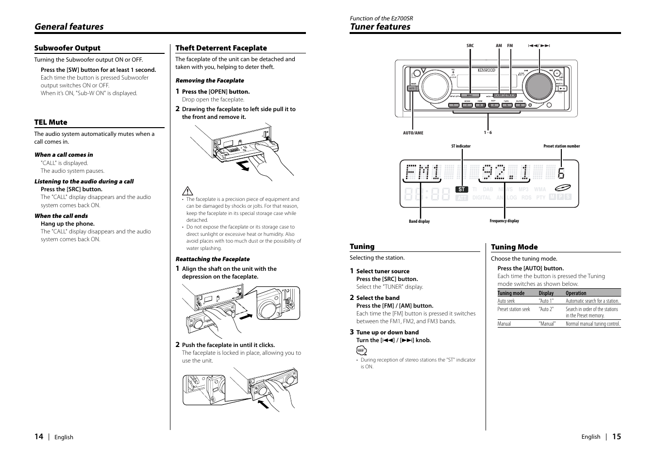 General features, Tuner features | Kenwood EZ900HDS User Manual | Page 8 / 23
