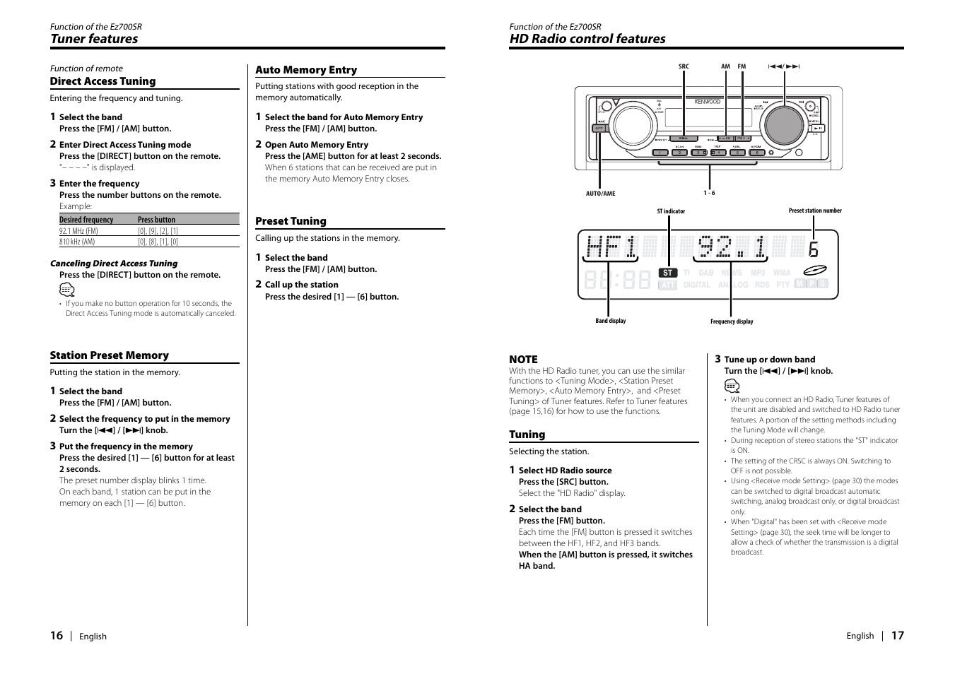 Tuner features, Hd radio control features | Kenwood EZ900HDS User Manual | Page 9 / 23