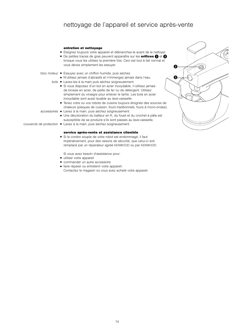 Nettoyage de l’appareil et service après-vente | Kenwood Chef KM400 series User Manual | Page 16 / 43