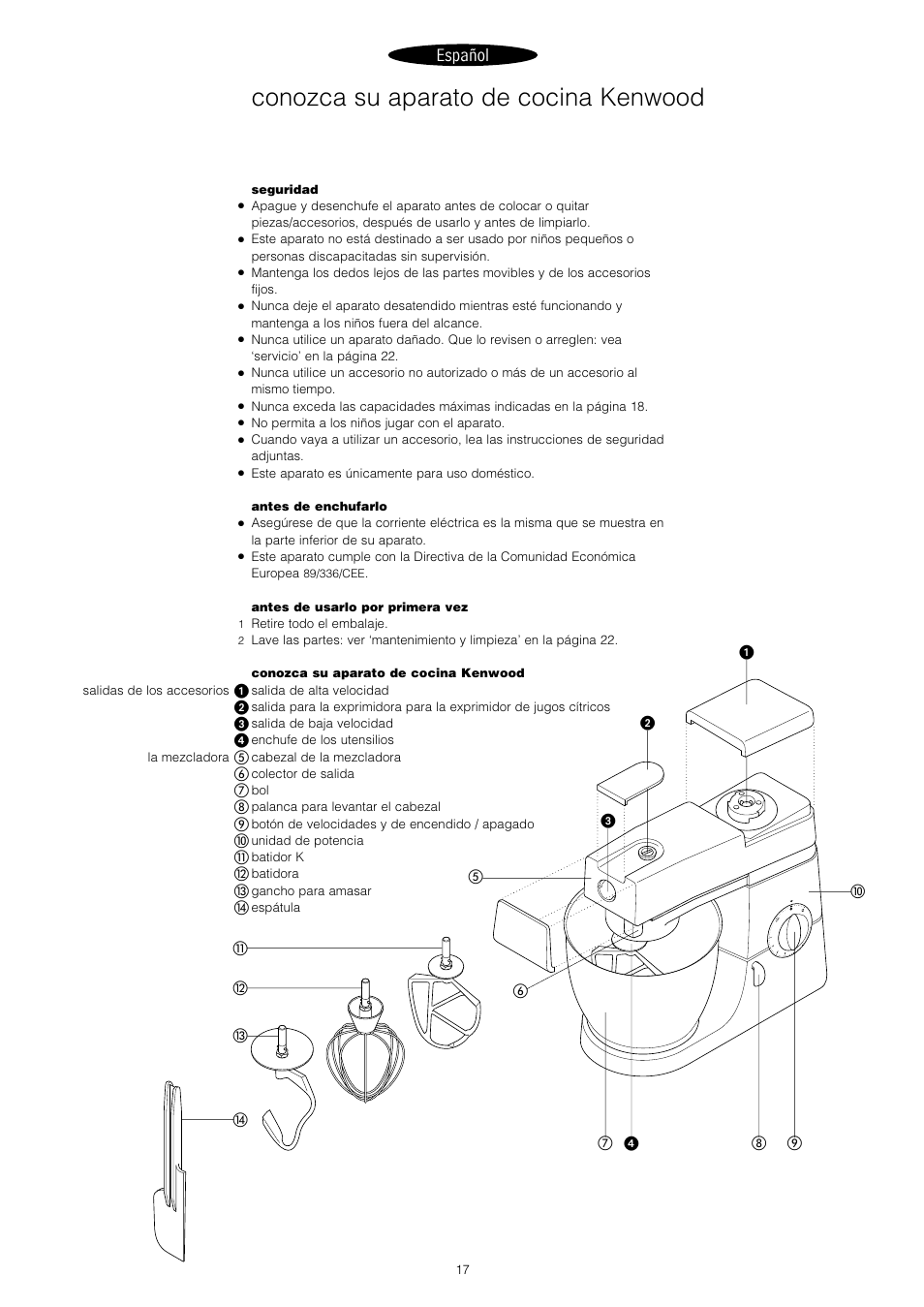 Conozca su aparato de cocina kenwood, Español | Kenwood Chef KM400 series User Manual | Page 19 / 43