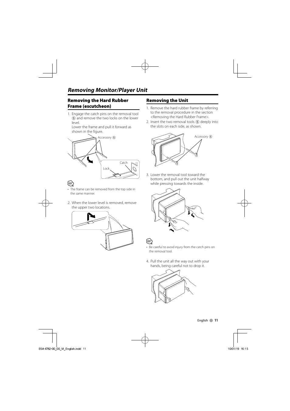 Removing monitor/player unit, Removing the hard rubber frame (escutcheon), Removing the unit | Kenwood DDX8036BTM User Manual | Page 11 / 12