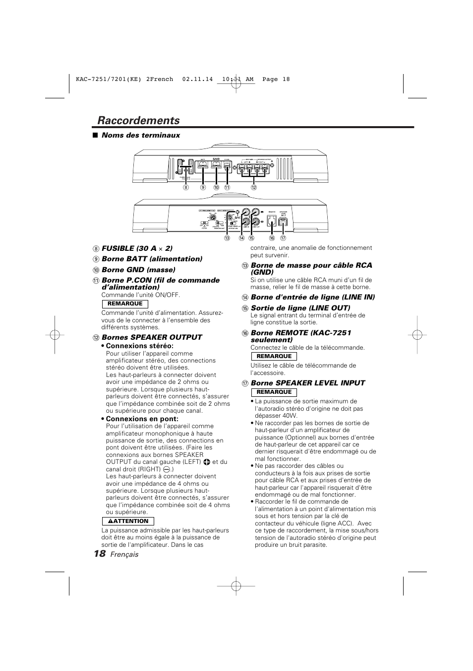 Raccordements | Kenwood KAC-7251 User Manual | Page 18 / 40
