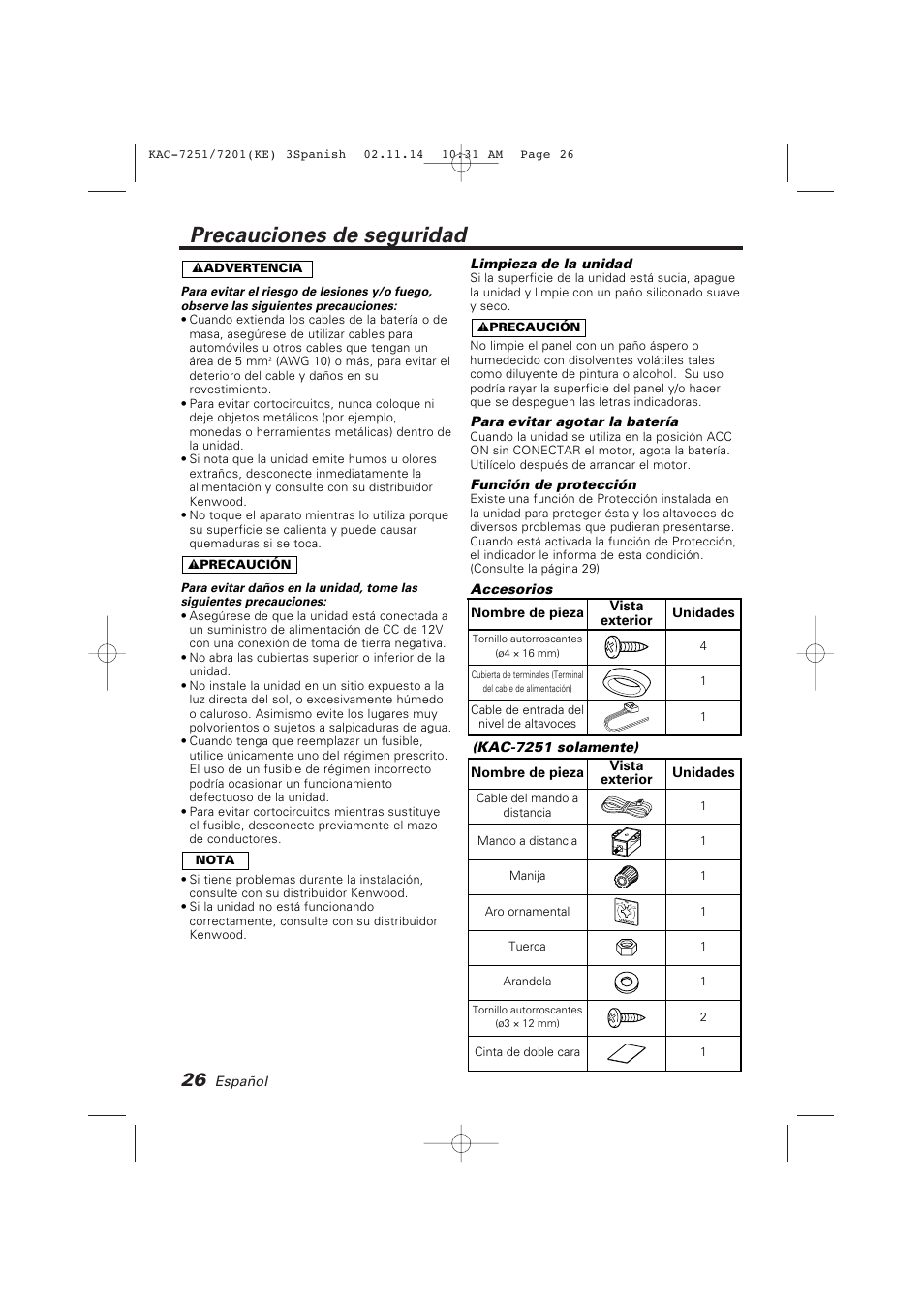 Amplificador de potencia manual de instrucciones, Precauciones de seguridad | Kenwood KAC-7251 User Manual | Page 26 / 40