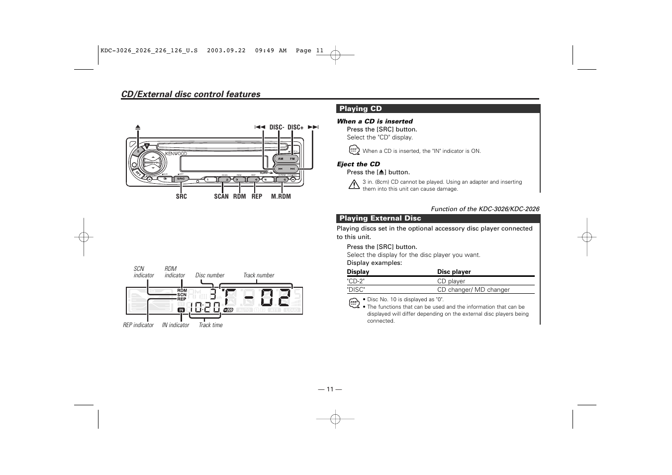 Cd/external disc control features, Playing cd, Playing external disc | Kenwood KDC-126S User Manual | Page 11 / 20