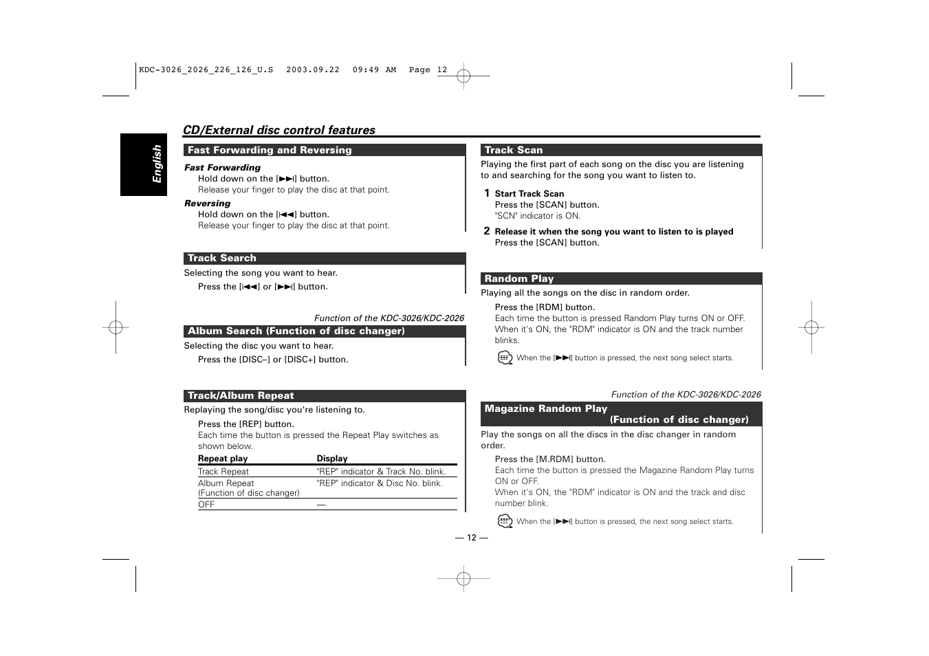 Fast forwarding and reversing, Track search, Album search | Track/album repeat, Track scan, Random play, Magazine random play | Kenwood KDC-126S User Manual | Page 12 / 20