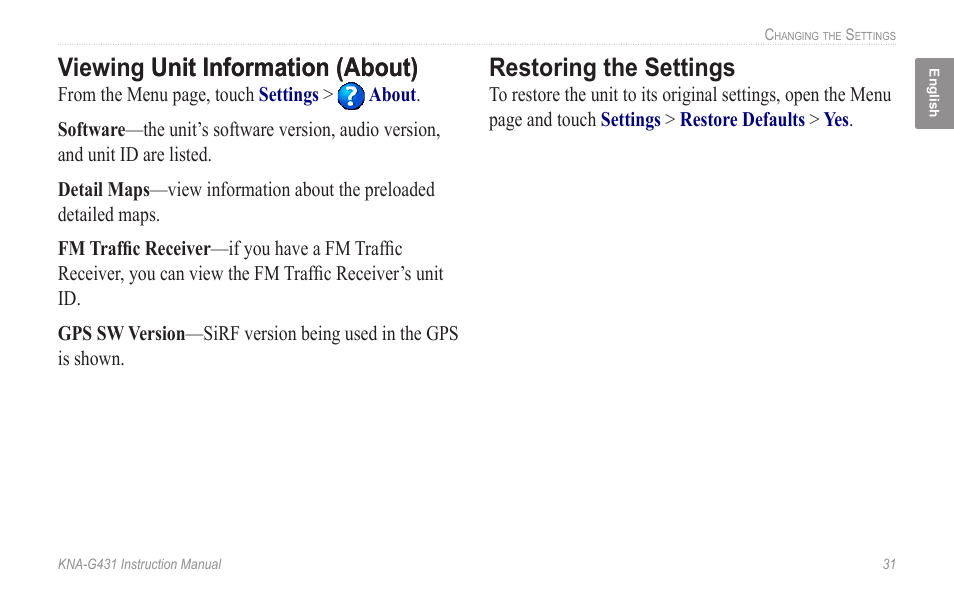 Viewing unit information (about), Restoring the settings | Kenwood KNA-G431 User Manual | Page 37 / 120