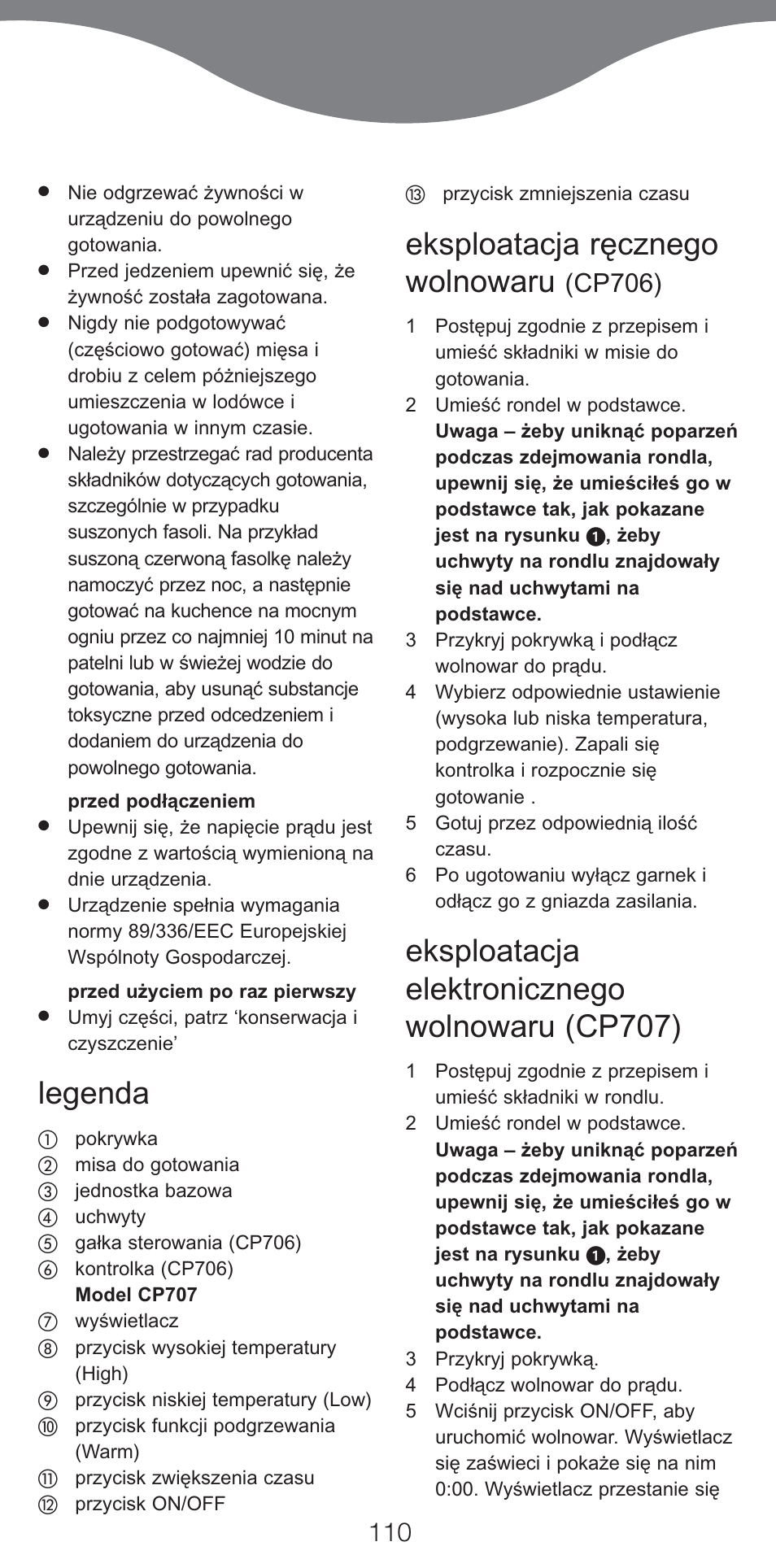 Legenda, Eksploatacja ręcznego wolnowaru, Eksploatacja elektronicznego wolnowaru (cp707) | Cp706) | Kenwood CP707 User Manual | Page 110 / 141