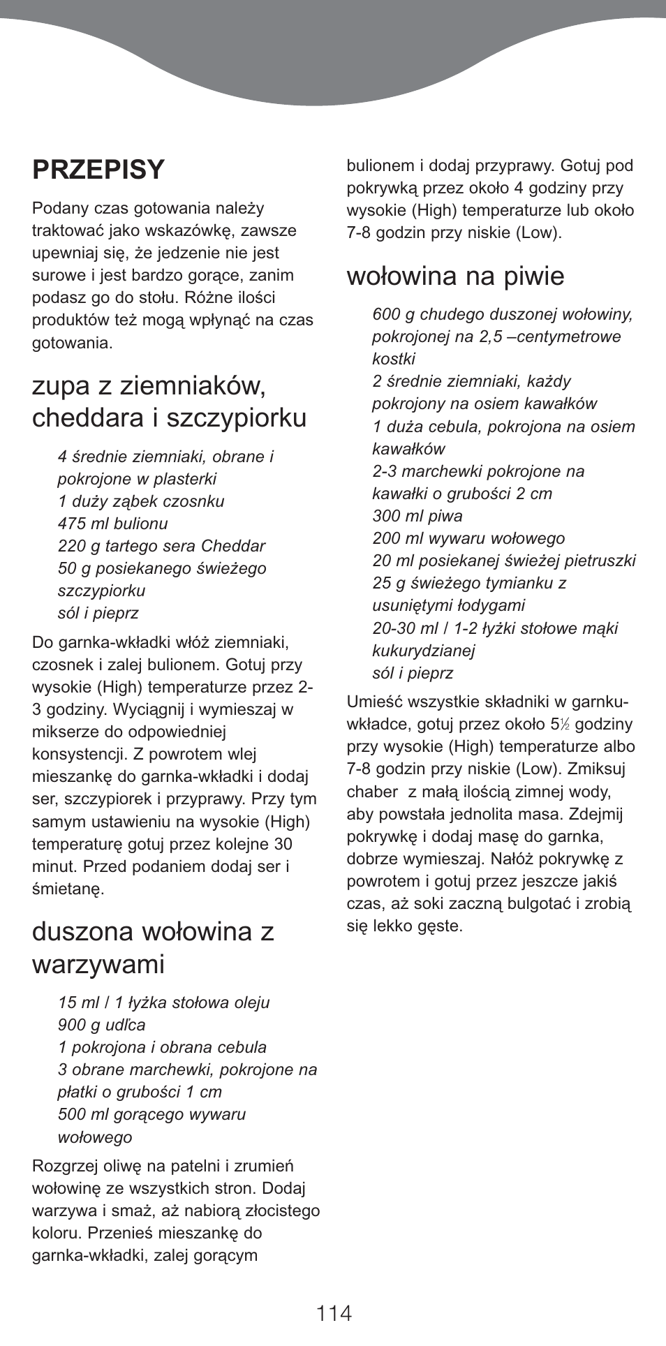 Przepisy, Zupa z ziemniaków, cheddara i szczypiorku, Duszona wołowina z warzywami | Wołowina na piwie | Kenwood CP707 User Manual | Page 114 / 141