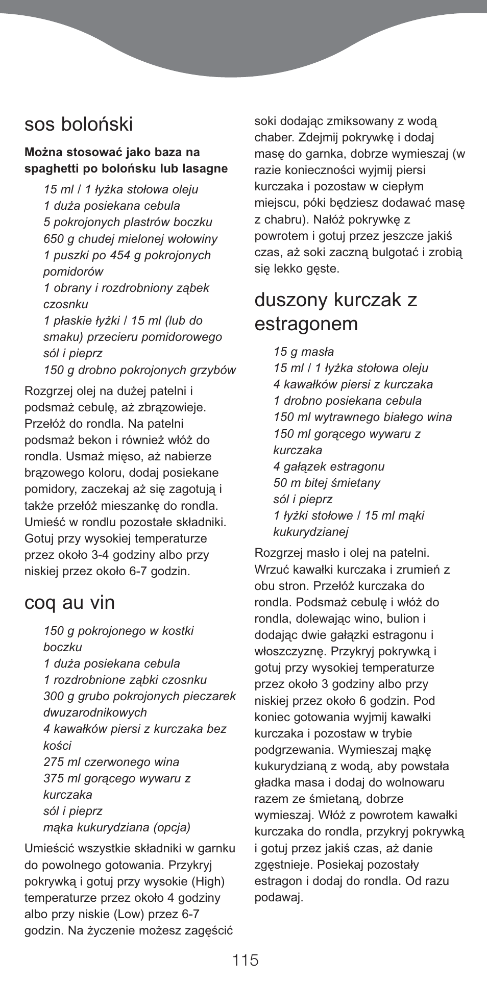 Sos boloński, Coq au vin, Duszony kurczak z estragonem | Kenwood CP707 User Manual | Page 115 / 141