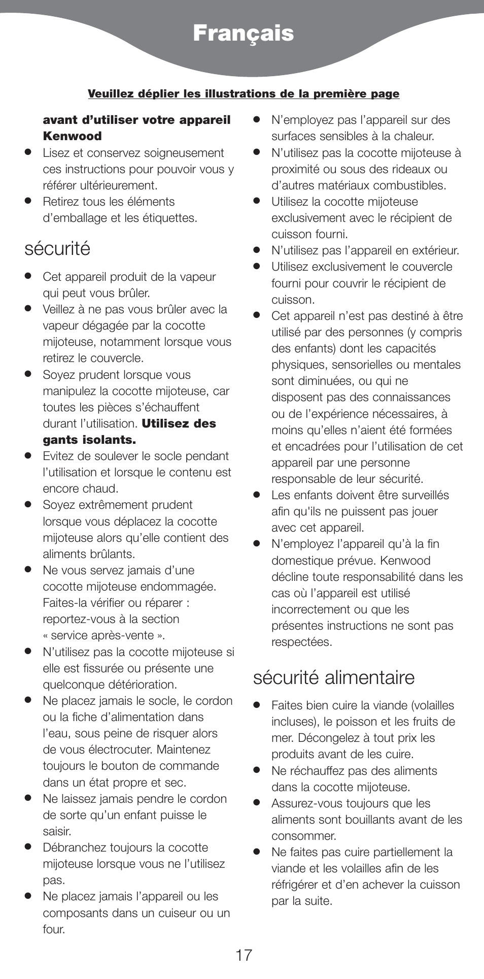 Français, Sécurité, Sécurité alimentaire | Kenwood CP707 User Manual | Page 17 / 141