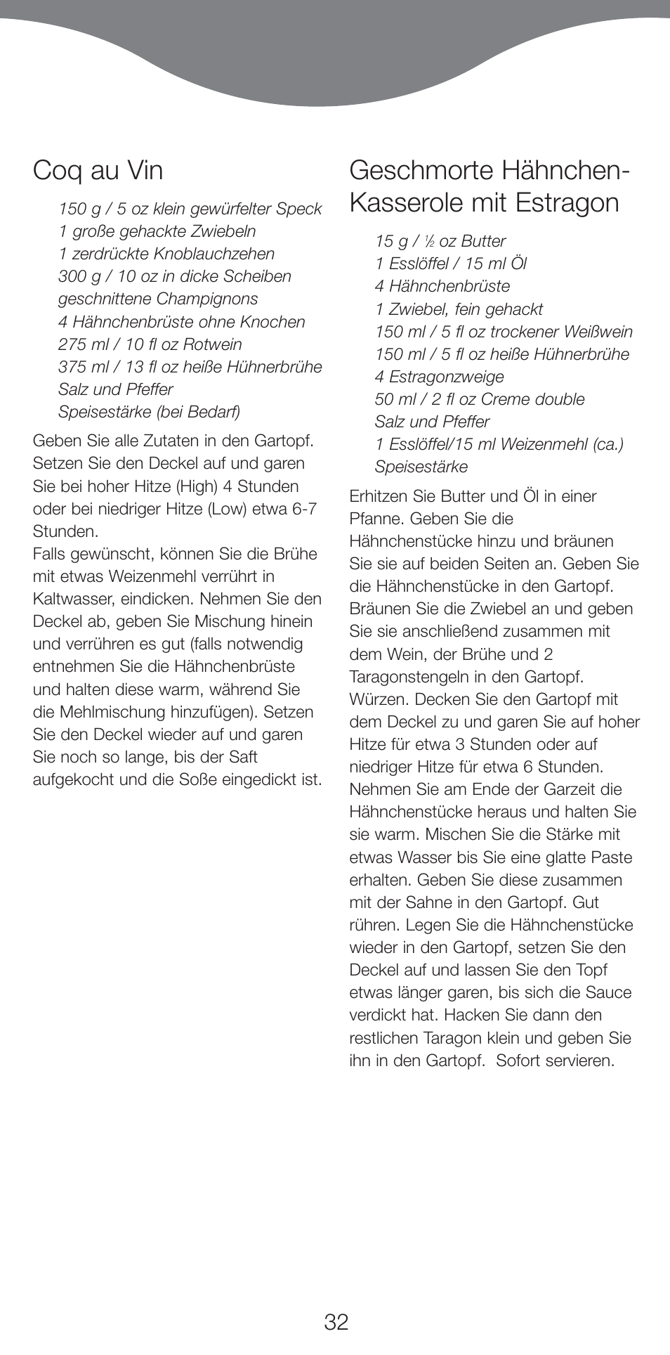 Coq au vin, Geschmorte hähnchen- kasserole mit estragon | Kenwood CP707 User Manual | Page 32 / 141