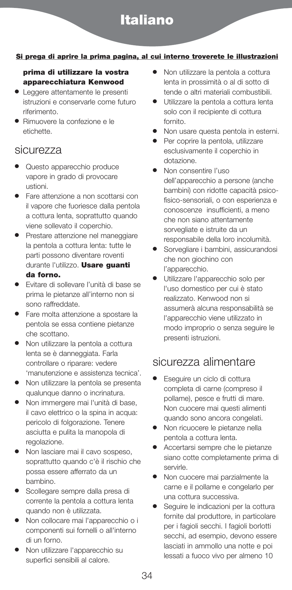 Italiano, Sicurezza, Sicurezza alimentare | Kenwood CP707 User Manual | Page 34 / 141