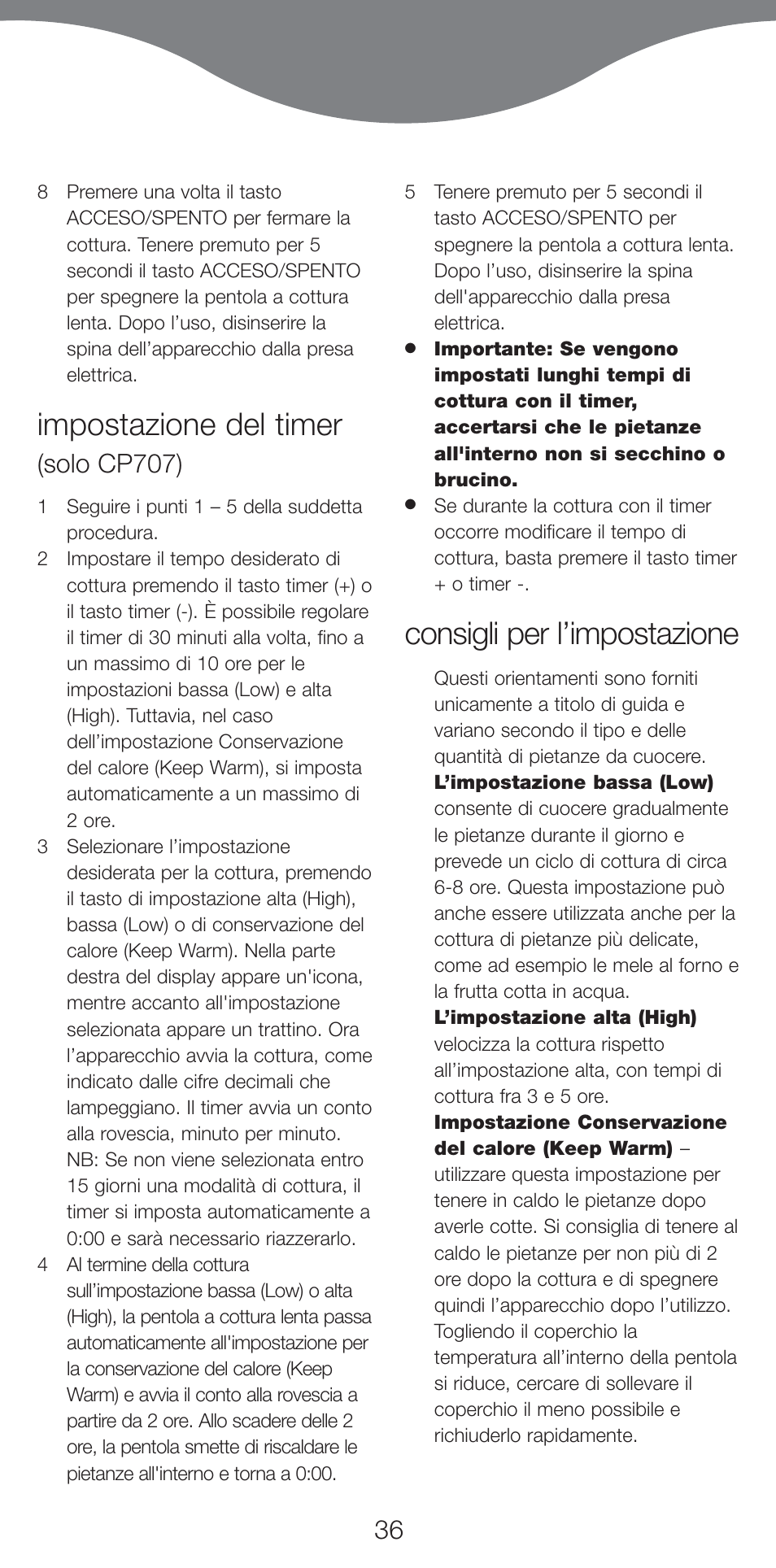 Impostazione del timer, Consigli per l’impostazione, Solo cp707) | Kenwood CP707 User Manual | Page 36 / 141