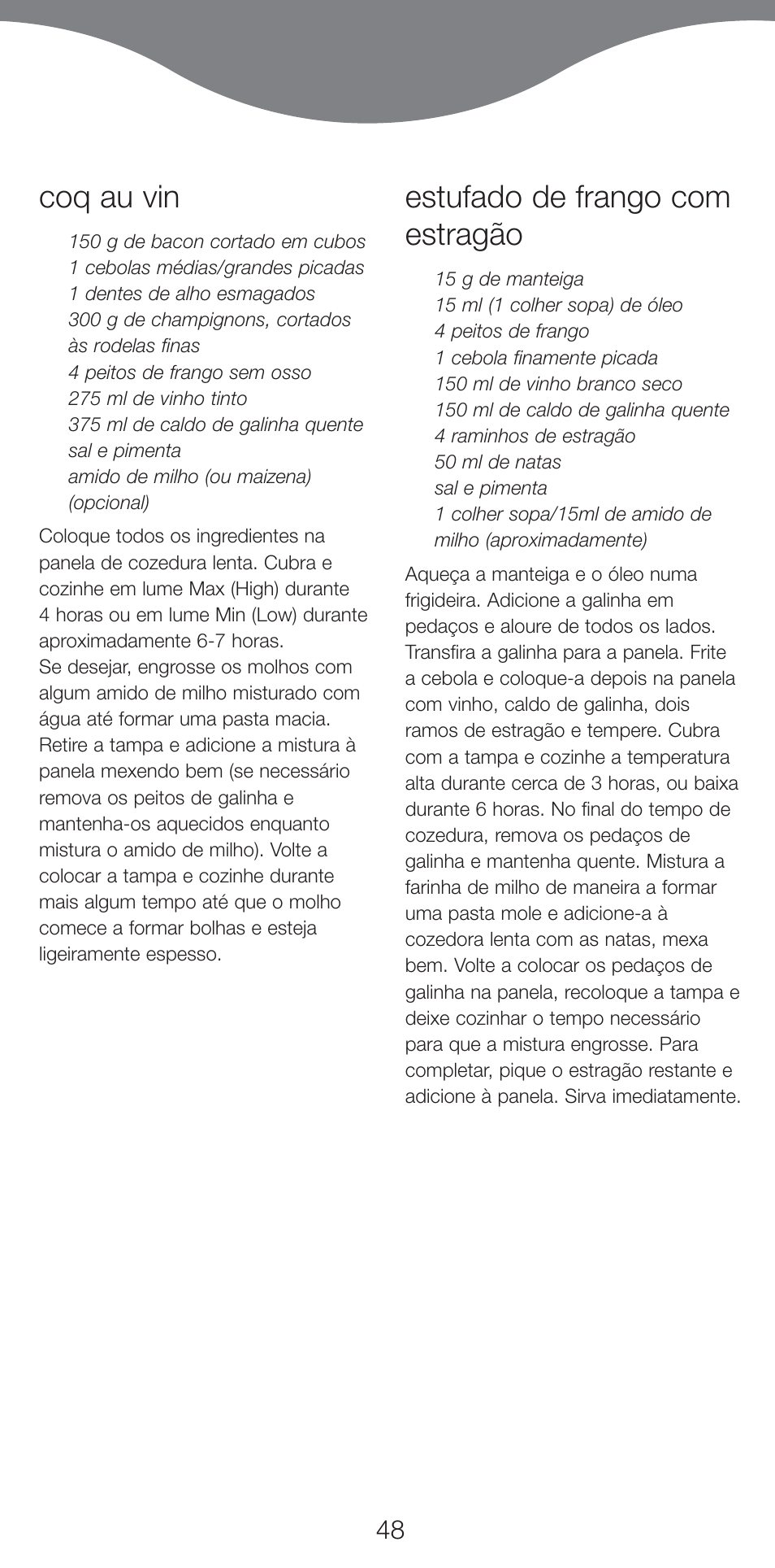 Coq au vin, Estufado de frango com estragão | Kenwood CP707 User Manual | Page 48 / 141