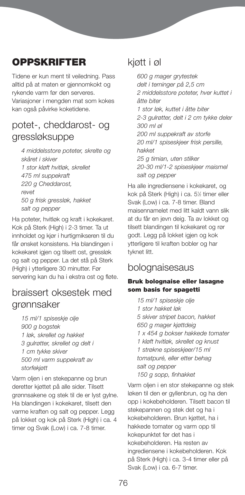 Oppskrifter, Potet-, cheddarost- og gressløksuppe, Braissert oksestek med grønnsaker | Kjøtt i øl, Bolognaisesaus | Kenwood CP707 User Manual | Page 76 / 141