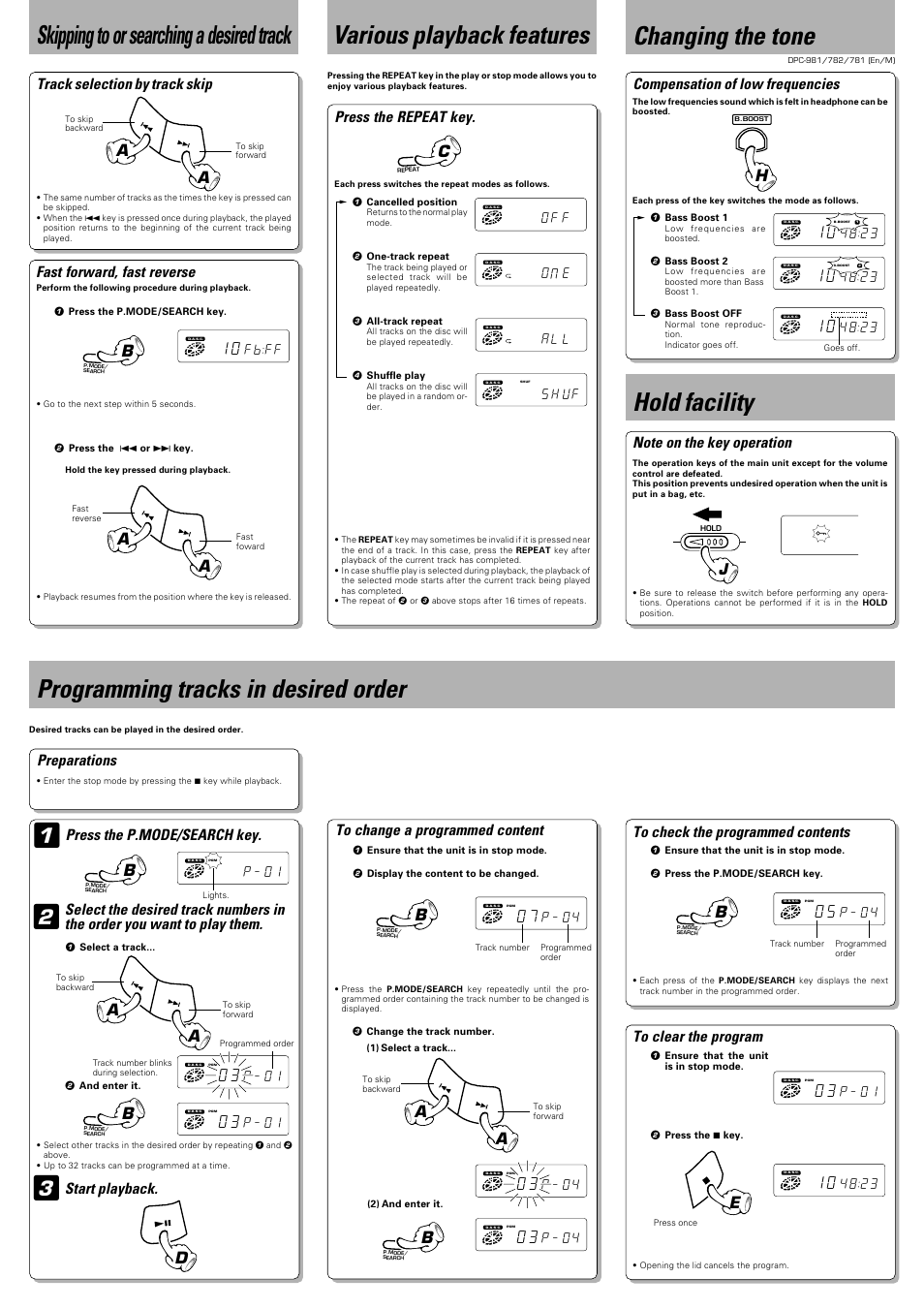 Skipping to or searching a desired track, Track selection by track skip, Fast forward, fast reverse | Various playback features, Press the repeat key, Changing the tone, Compensation of low frequencies, Hold facility, Note on the key operation, Programming tracks in desired order | Kenwood DPC-782 User Manual | Page 2 / 6