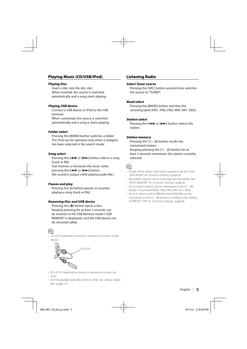 Playing music (cd/usb/ipod), Listening radio | Kenwood KDC-U3046 User Manual | Page 5 / 24
