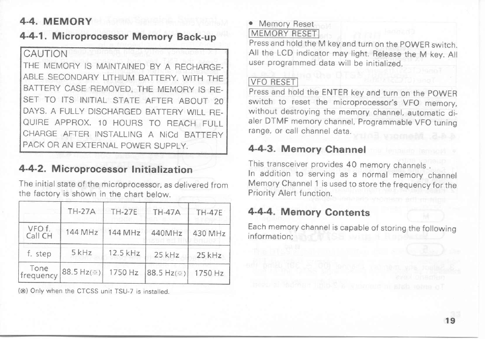 4. memory, 4-1. microprocessor memory back-up, 4-2. microprocessor initialization | 4-3. memory channel, 4-4. memory contents | Kenwood TH-27A User Manual | Page 19 / 53