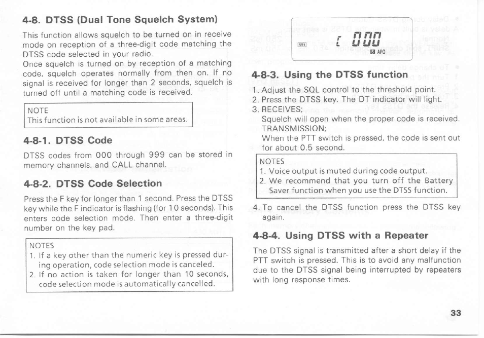 8-1. dtss code, 8-2. dtss code selection, 8-3. using the dtss function | 8-4. using dtss with a repeater | Kenwood TH-27A User Manual | Page 33 / 53