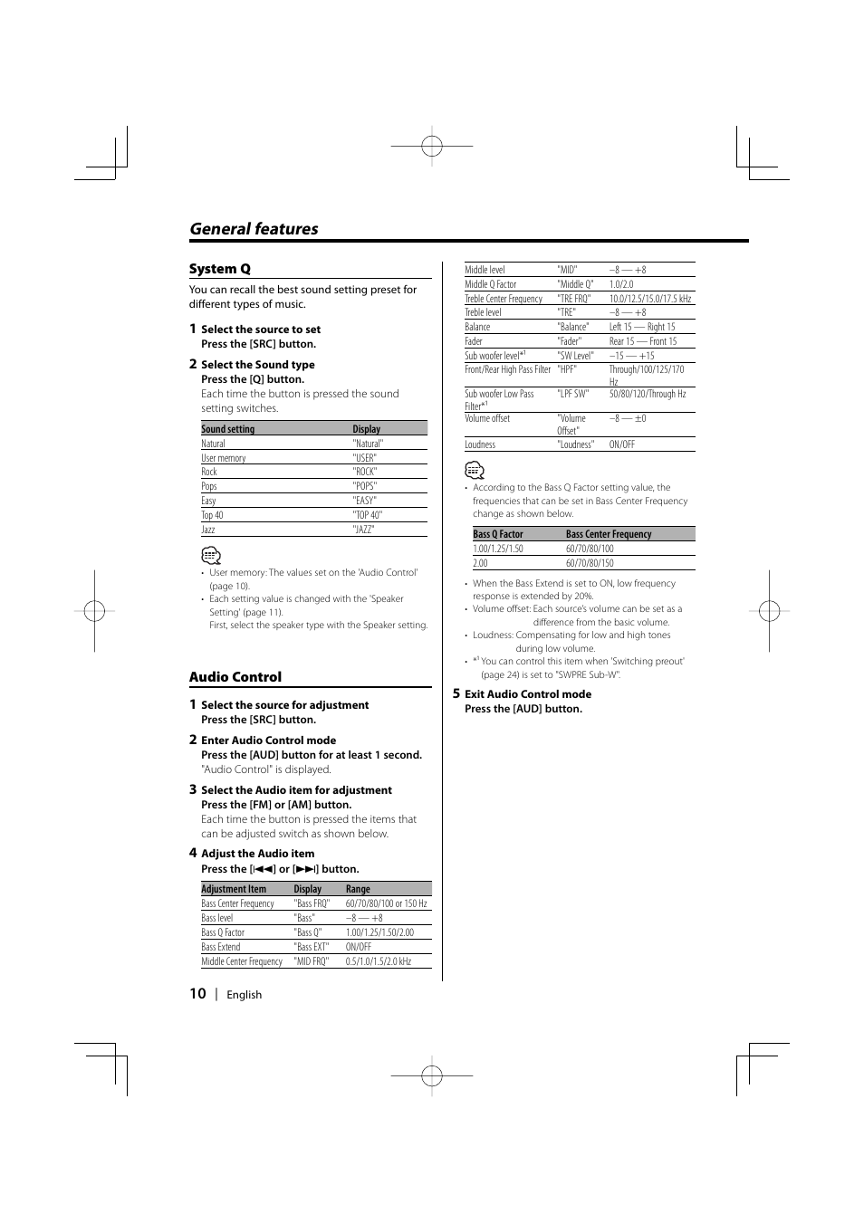 General features, System q, Audio control 1 | Kenwood KDC-MP858 User Manual | Page 10 / 36