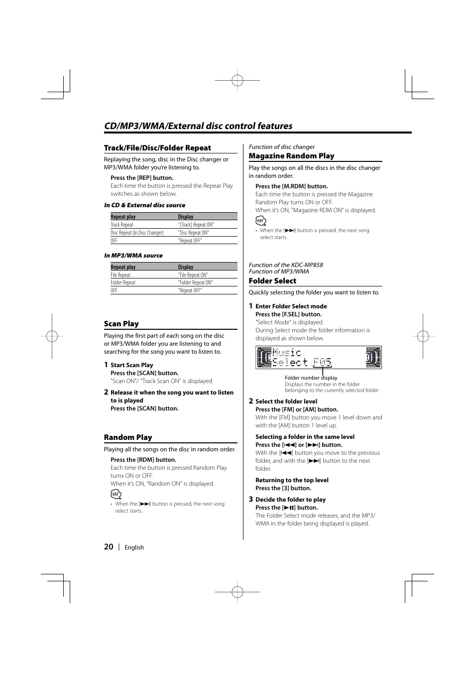 Cd/mp3/wma/external disc control features | Kenwood KDC-MP858 User Manual | Page 20 / 36
