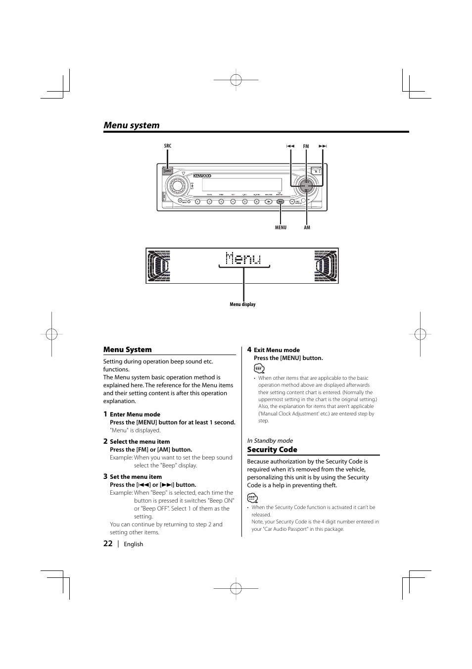 Menu system | Kenwood KDC-MP858 User Manual | Page 22 / 36