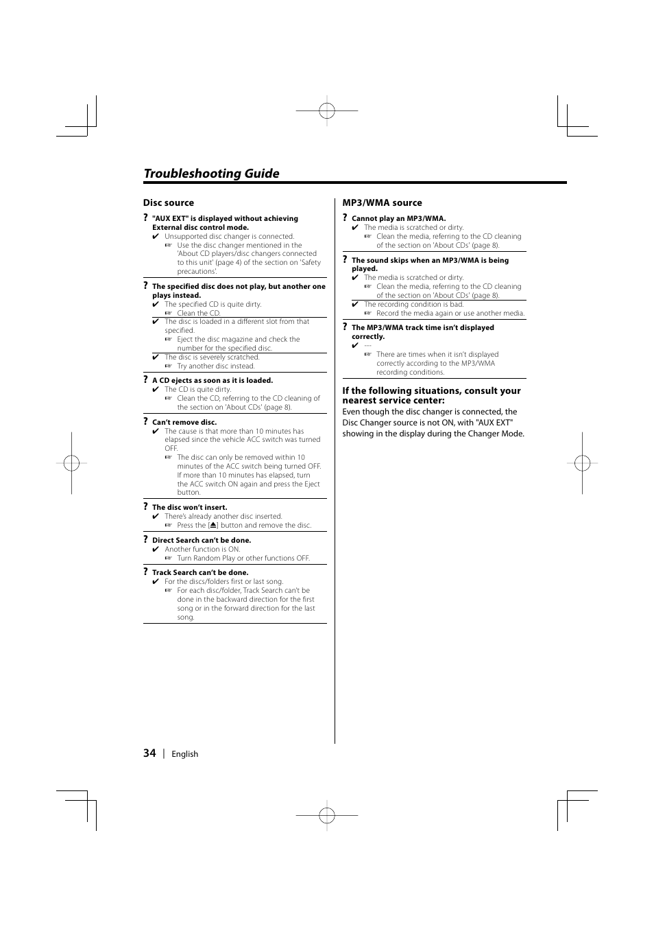Troubleshooting guide | Kenwood KDC-MP858 User Manual | Page 34 / 36