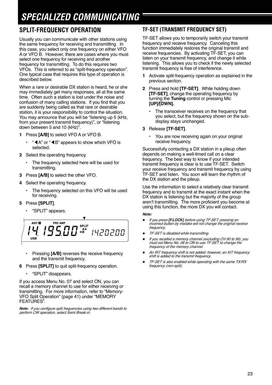 Specialized communicating, Split-frequency operation | Kenwood TS-570S User Manual | Page 29 / 89