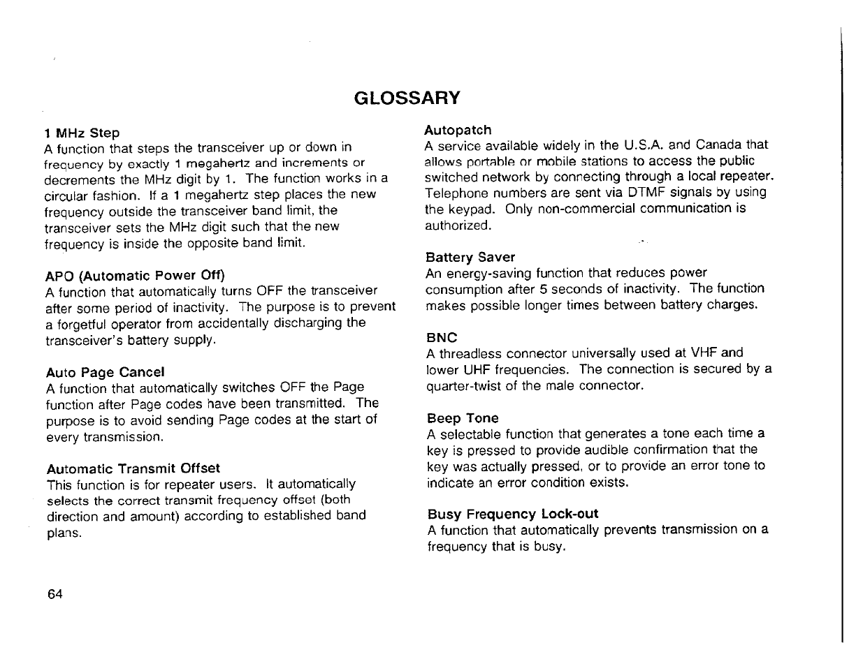 Glossary, Apo (automatic power off), Automatic transmit offset | Autopatch, Battery saver, Beep tone, Busy frequency lock-out, Auto patch | Kenwood TH-42A User Manual | Page 66 / 78