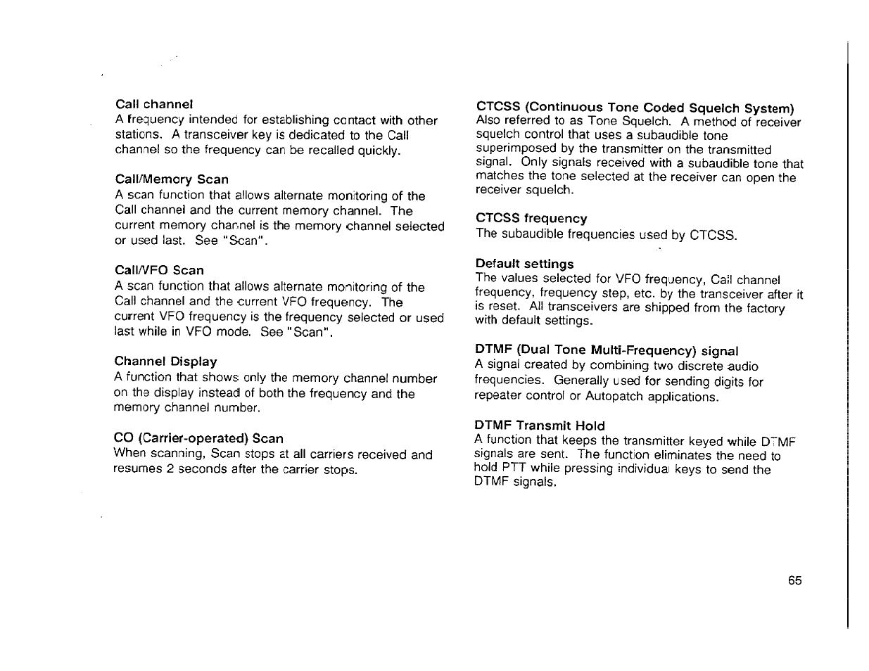 Cah channel, Call/memory scan, Calla/fo scan | Channel display, Co (carrier-operated) scan, Ctcss (continuous tone coded squelch system), Ctcss frequency, Default settings, Dtmf (dual tone multi-frequency) signal, Dtmf transmit hold | Kenwood TH-42A User Manual | Page 67 / 78