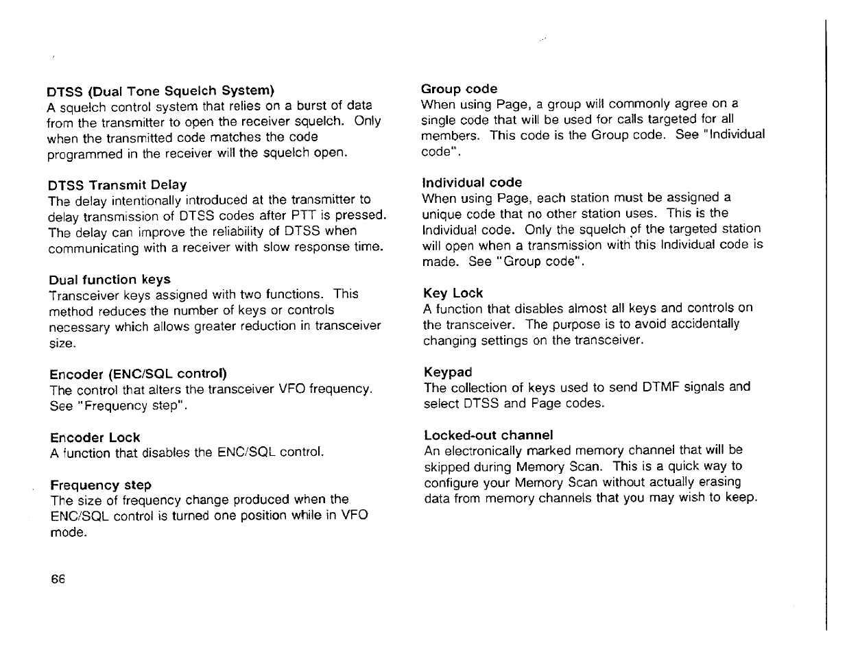 Dtss (dual tone squelch system), Dtss transmit delay, Dual function keys | Encoder (enc/sql control), Encoder lock, Group code, Individual code, Key lock, Keypad, Locked-out channel | Kenwood TH-42A User Manual | Page 68 / 78