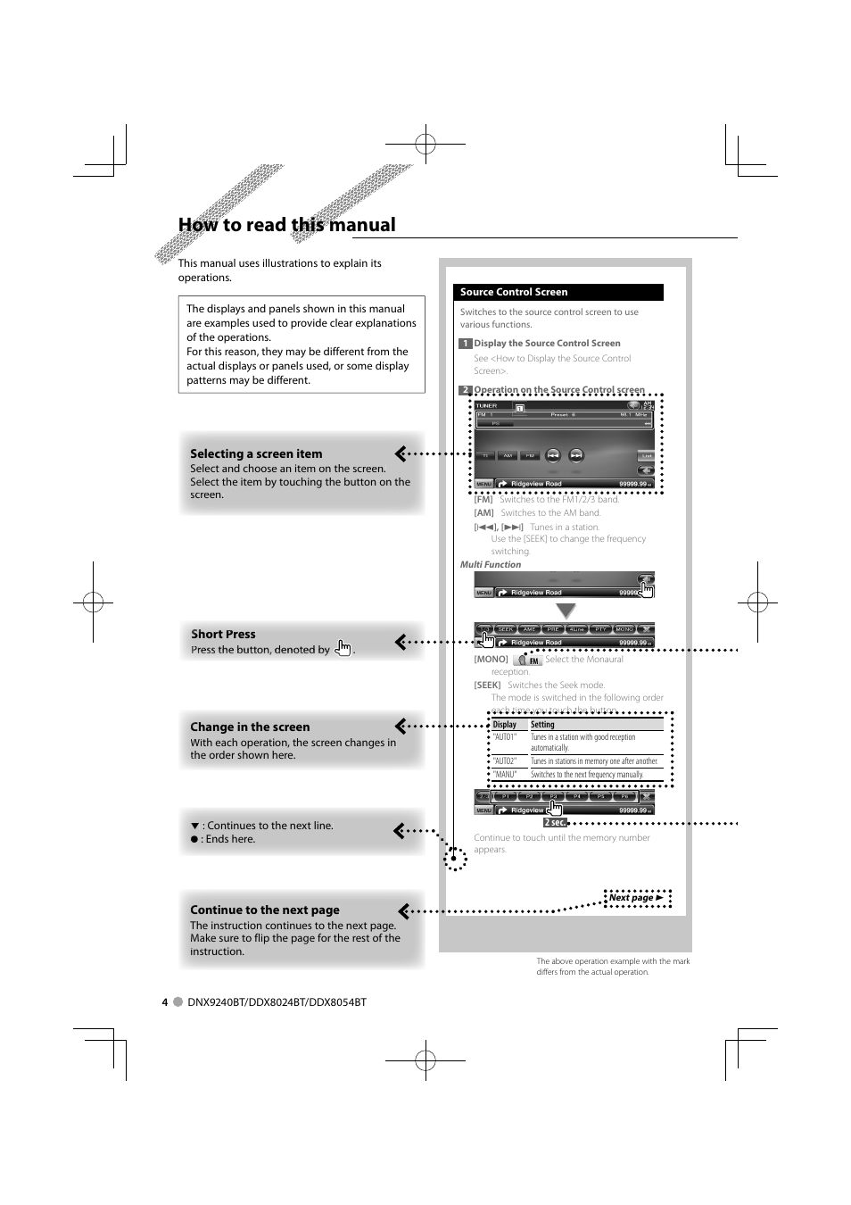 How to read this manual | Kenwood DDX8024BT User Manual | Page 4 / 100