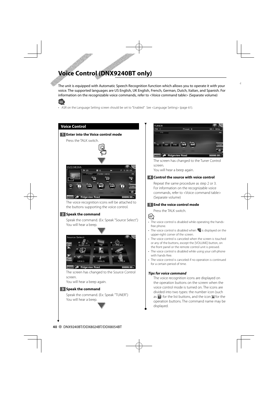 Voice control (dnx9240bt only) | Kenwood DDX8024BT User Manual | Page 40 / 100