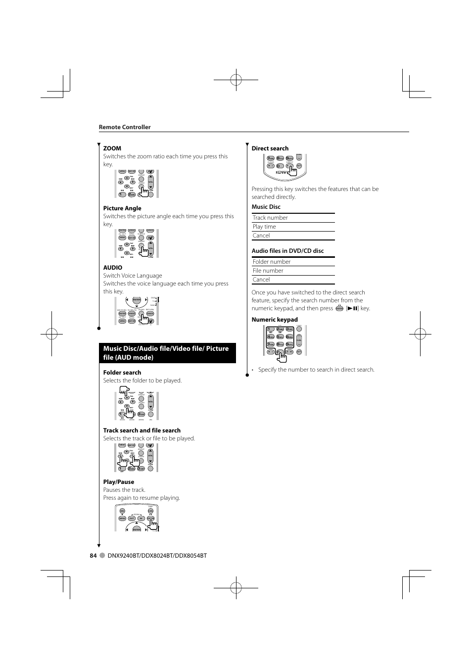 Folder search selects the folder to be played, Direct search, 38] key. numeric keypad | Kenwood DDX8024BT User Manual | Page 84 / 100