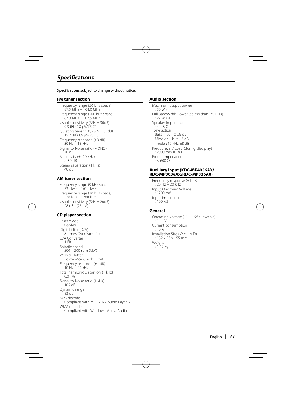 Specifications | Kenwood KDC-MP336AX User Manual | Page 27 / 28