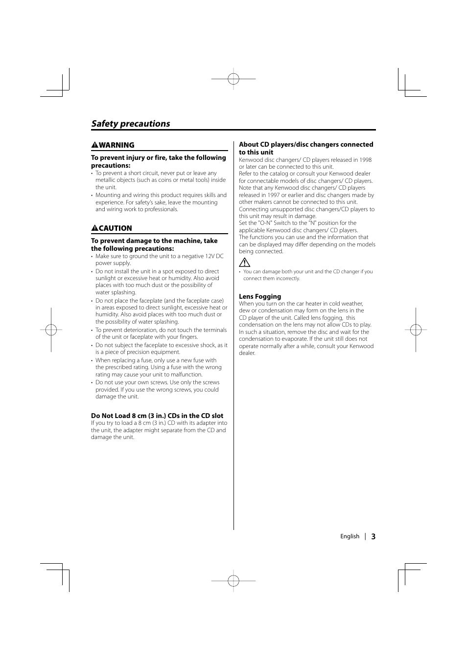 Safety precautions | Kenwood KDC-MP336AX User Manual | Page 3 / 28