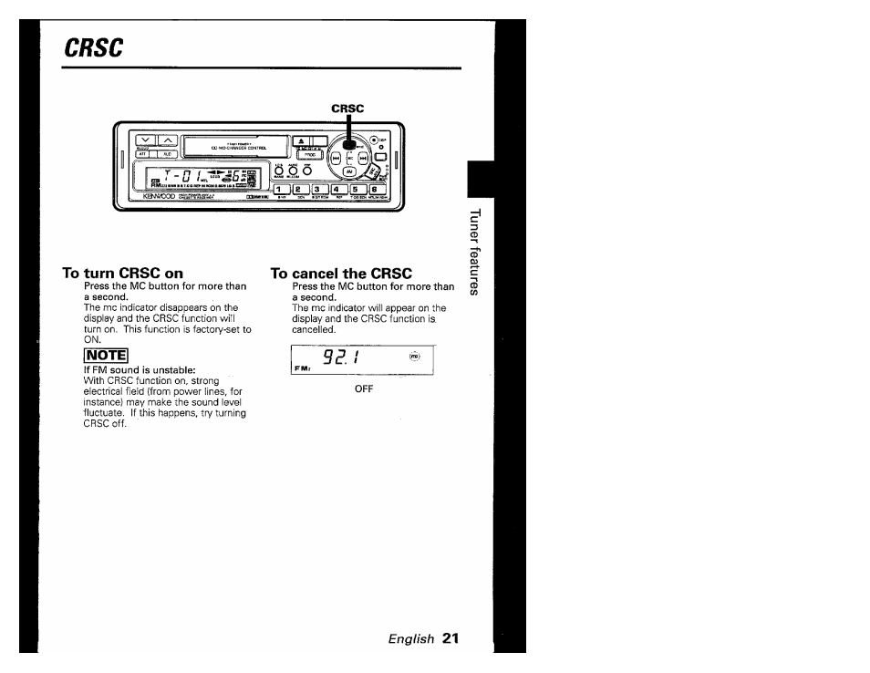 To turn crsc on, To cancel the crsc, Crsc | English | Kenwood KRC-601 User Manual | Page 21 / 48