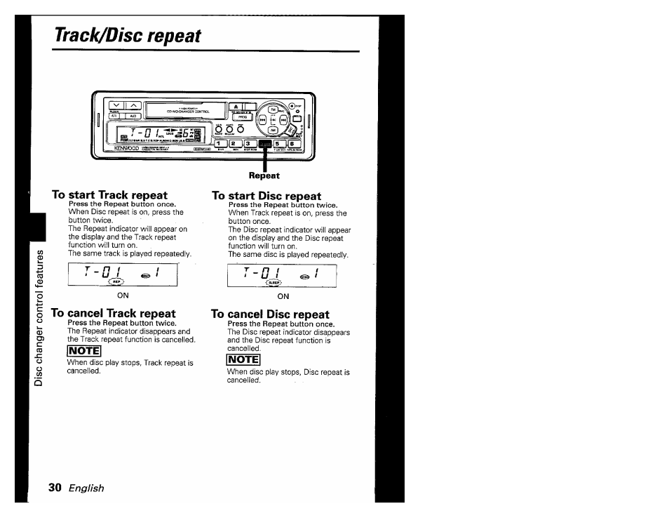 To start track repeat, To start disc repeat, To cancel track repeat | To cancel disc repeat, Track/disc repeat | Kenwood KRC-601 User Manual | Page 30 / 48