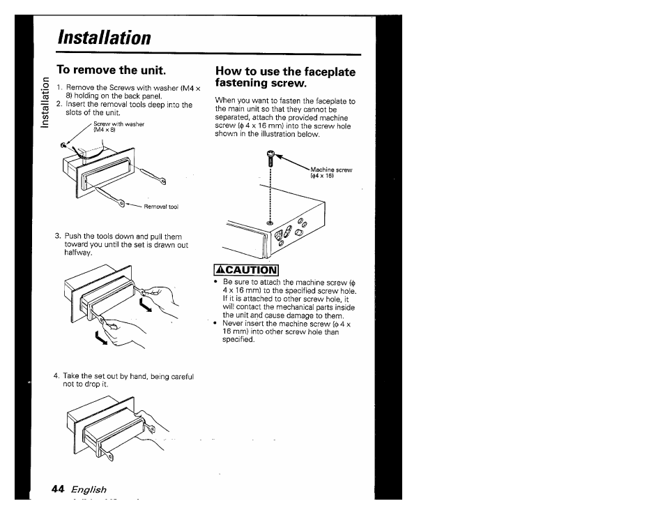 Instauation, How to use the faceplate fastening screw, Caution | Kenwood KRC-601 User Manual | Page 44 / 48