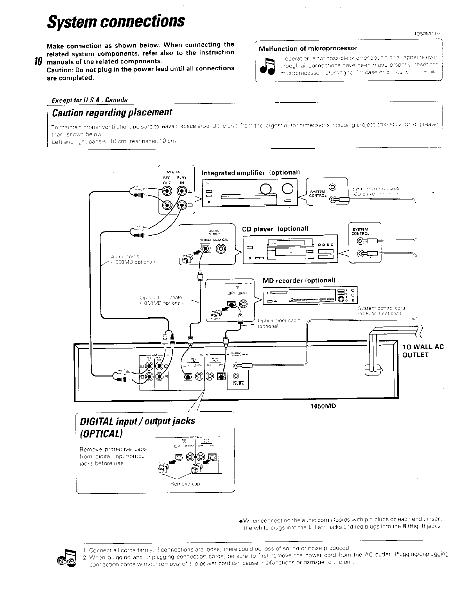 System connections, I malfunction of microprocessor, Caution regarding placement | Kenwood BJV140Z User Manual | Page 10 / 54