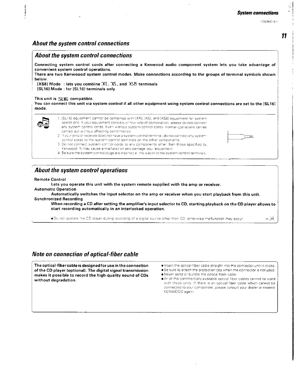 System connections, About the system control connections, About the system control operations | Note on connection of optical-fiber cable, System | Kenwood BJV140Z User Manual | Page 11 / 54
