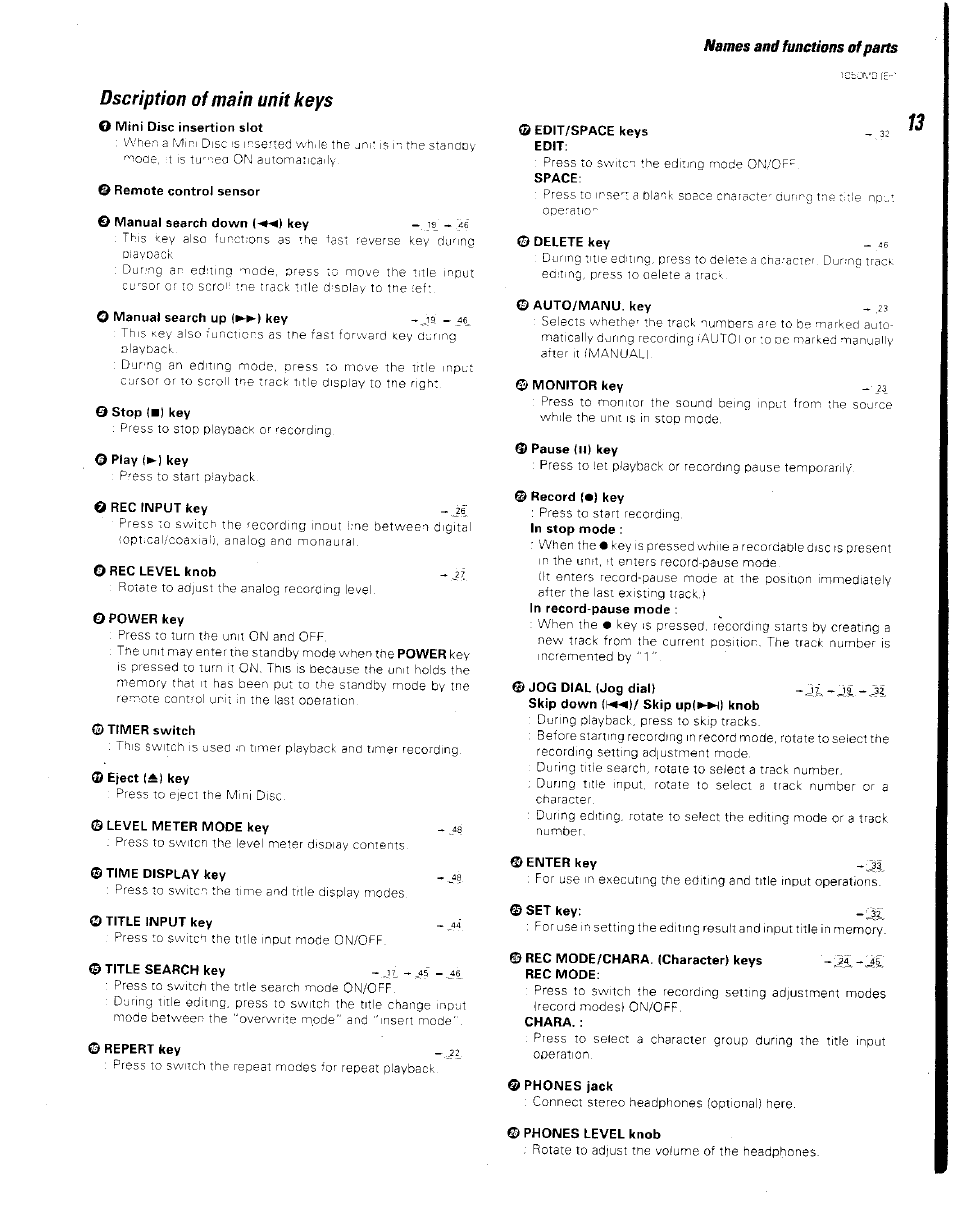 Dscription of main unit keys | Kenwood BJV140Z User Manual | Page 13 / 54