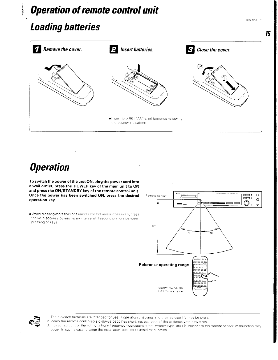Operation of remote control unit loading batteries, Operation, Reference operating range | Kenwood BJV140Z User Manual | Page 15 / 54