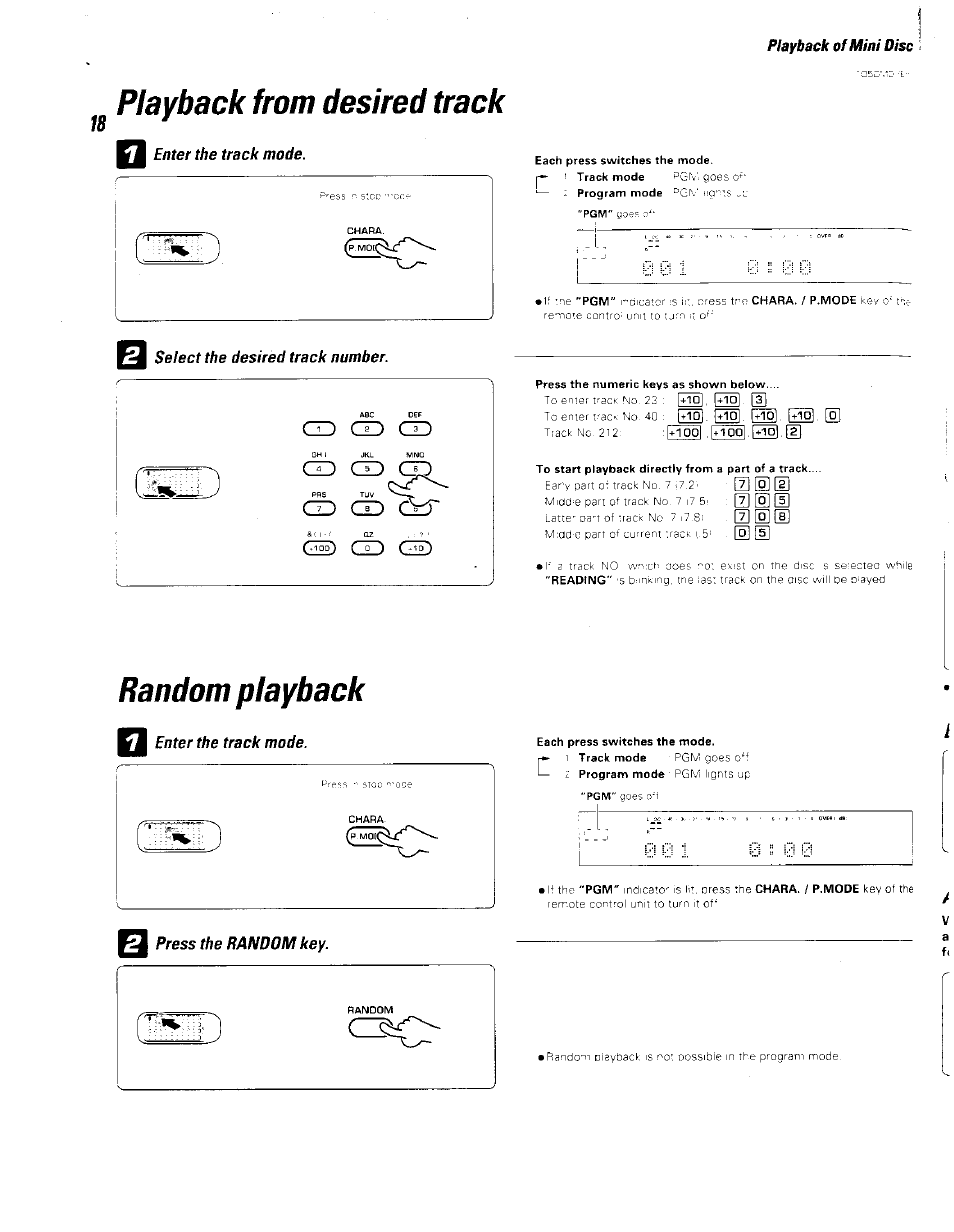 Playback from desired track, Select the desired track number, Random playback | Enter the track mode, Press the random key, Playback from desired track random playback | Kenwood BJV140Z User Manual | Page 18 / 54