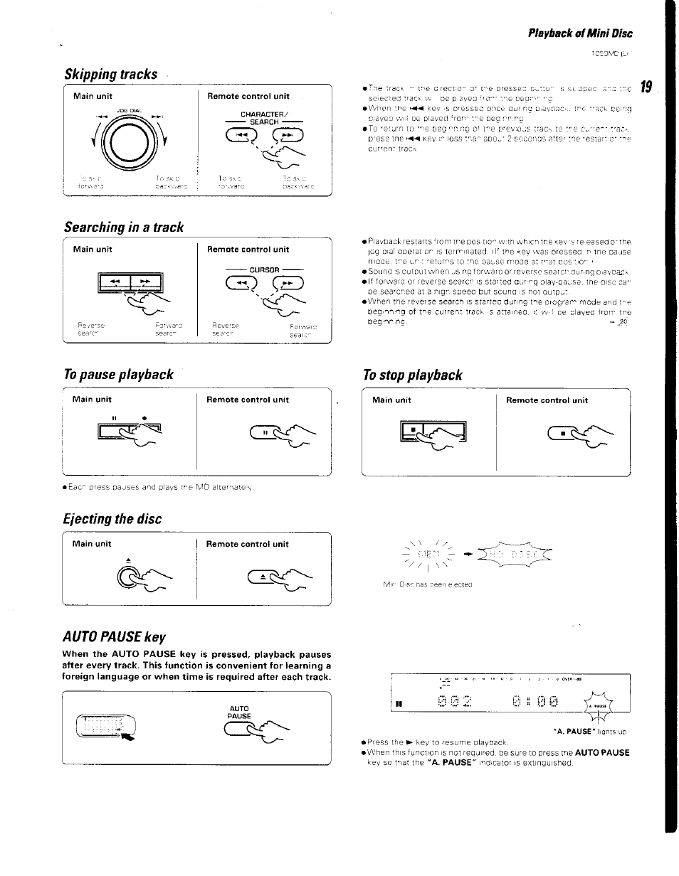 Skipping tracks, Searching in a track, To pause playback | Ejecting the disc, Auto pause key | Kenwood BJV140Z User Manual | Page 19 / 54