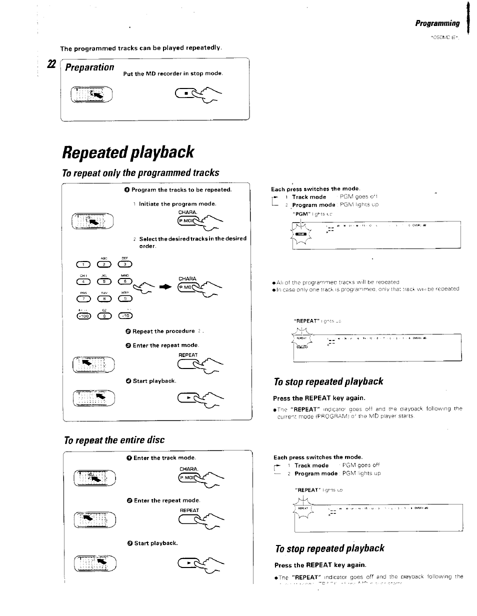 The programmed tracks can be played repeatedly, Preparation, Repeated playback | To repeat only the programmed tracks, To repeat the entire disc, To stop repeated playback, Press the repeat key again, C 30, D ce 5 c 3 j, Cd cd | Kenwood BJV140Z User Manual | Page 22 / 54
