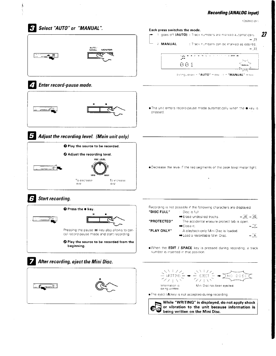 3 enter record-pause mode, Adjust the recording level. (main unit only), After recording, eject the mini disc | Recording (analog input) | Kenwood BJV140Z User Manual | Page 27 / 54