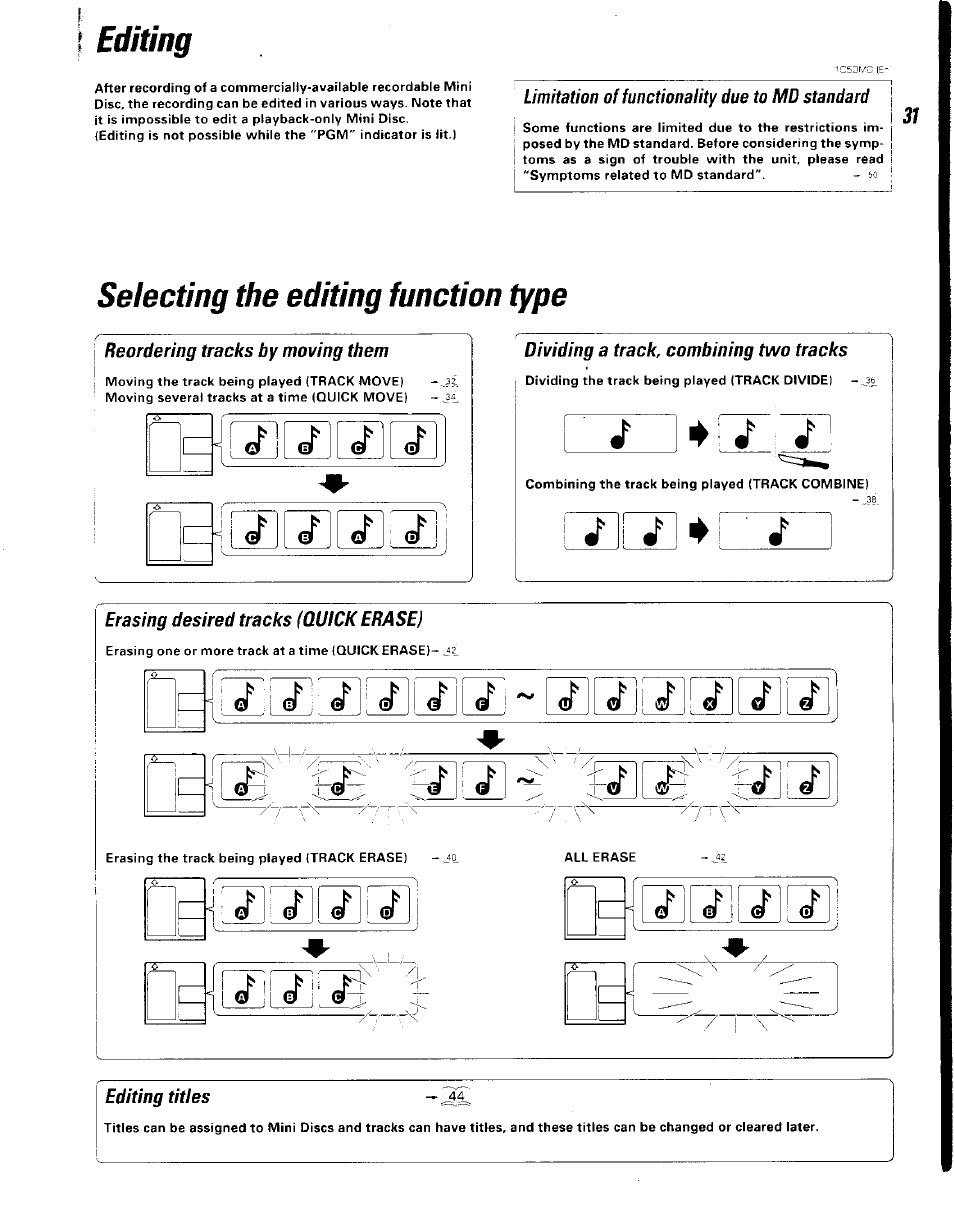 Editing, Limitation of functionality due to md standard, Selecting the editing function type | Reordering tracks by moving them, Dividing a track, combining two tracks | Kenwood BJV140Z User Manual | Page 31 / 54
