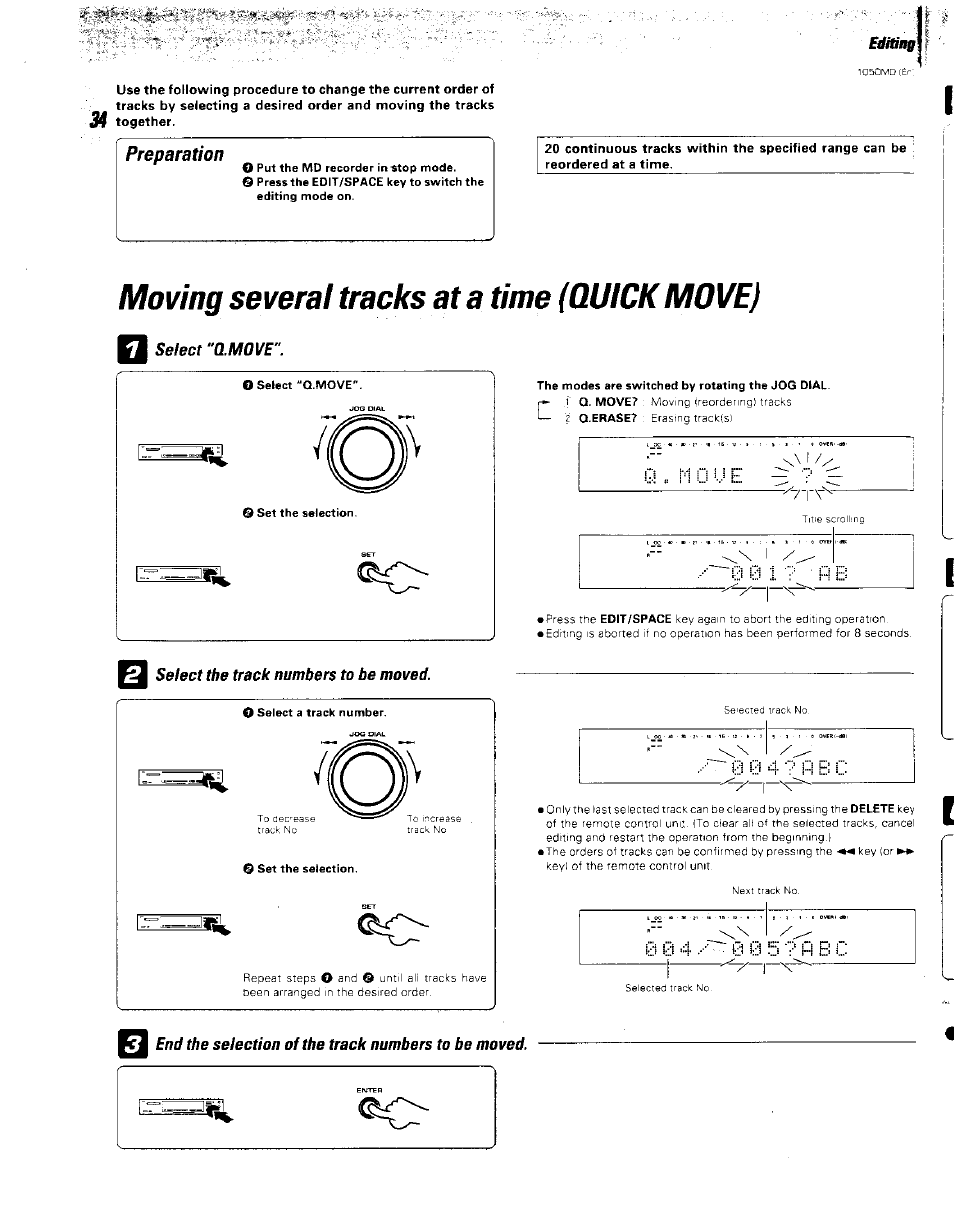 34 together, Moving several tracks at a time (quickmove), Select "q.m0ve | Select the track numbers to be moved, End the selection of the track numbers to be moved, Moving several tracks at a time (quick move), Preparation | Kenwood BJV140Z User Manual | Page 34 / 54