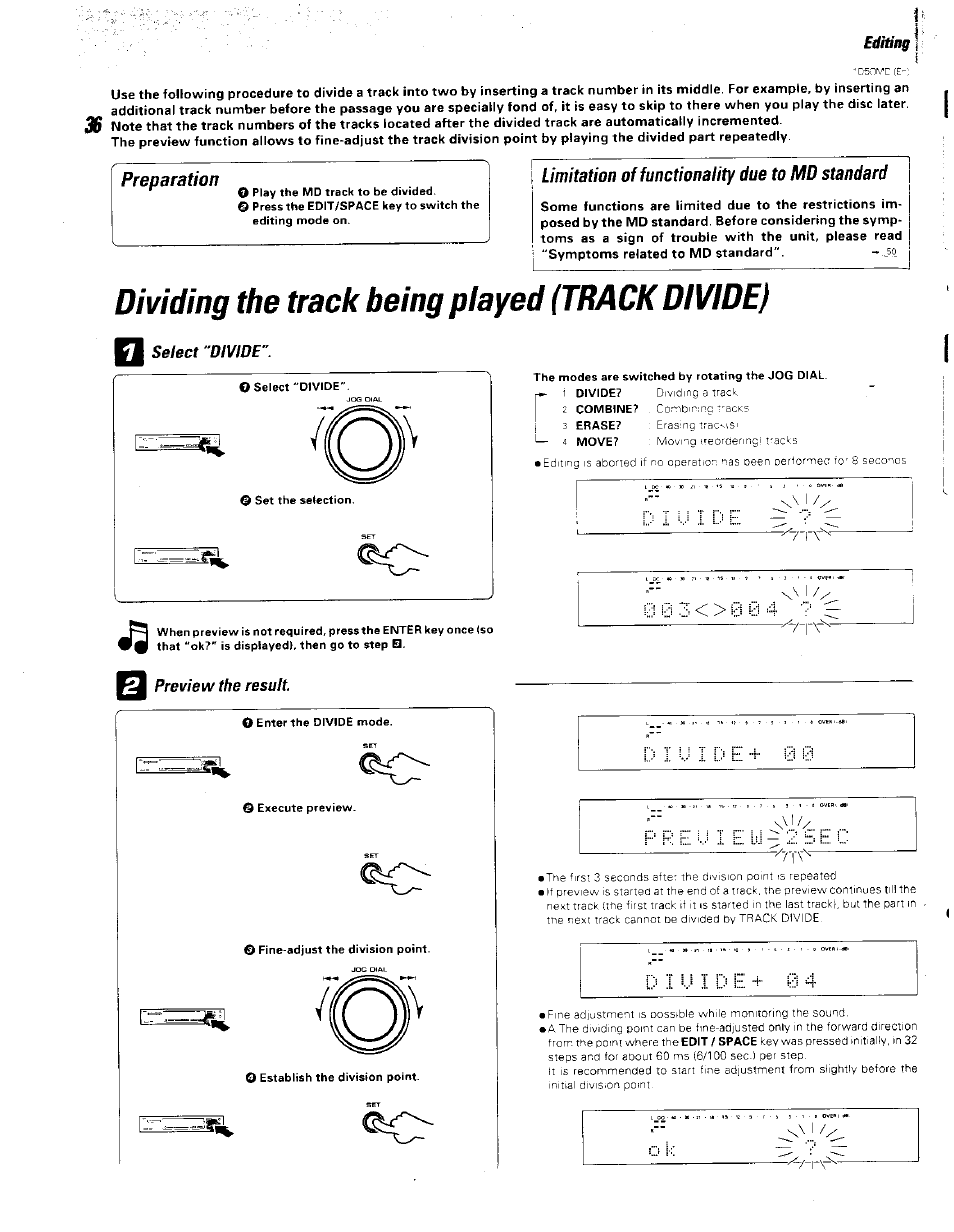 Limitation of functionality due to md standard, Dividing the track being played (track divide), Select "divide | Preview the result, Preparation | Kenwood BJV140Z User Manual | Page 36 / 54